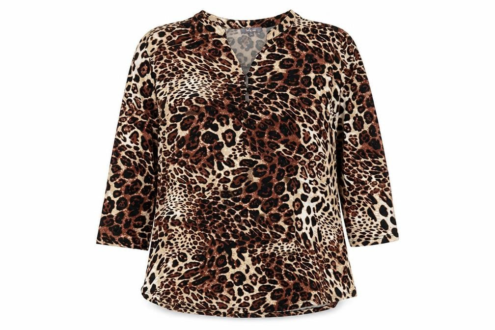 Front view of ANNA women’s multicoloured animal print polyester basic t-shirt, size UK 18, v-neck - leopard print