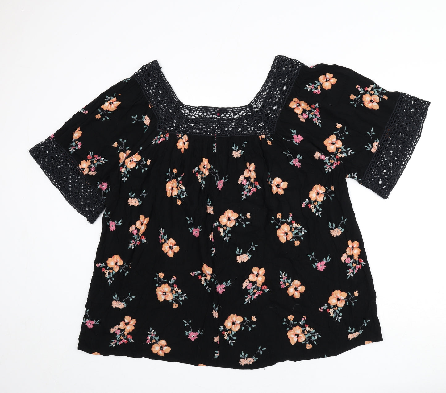 Yours Womens Black Floral Viscose Basic Blouse Size 22 Square Neck - Lace Trim