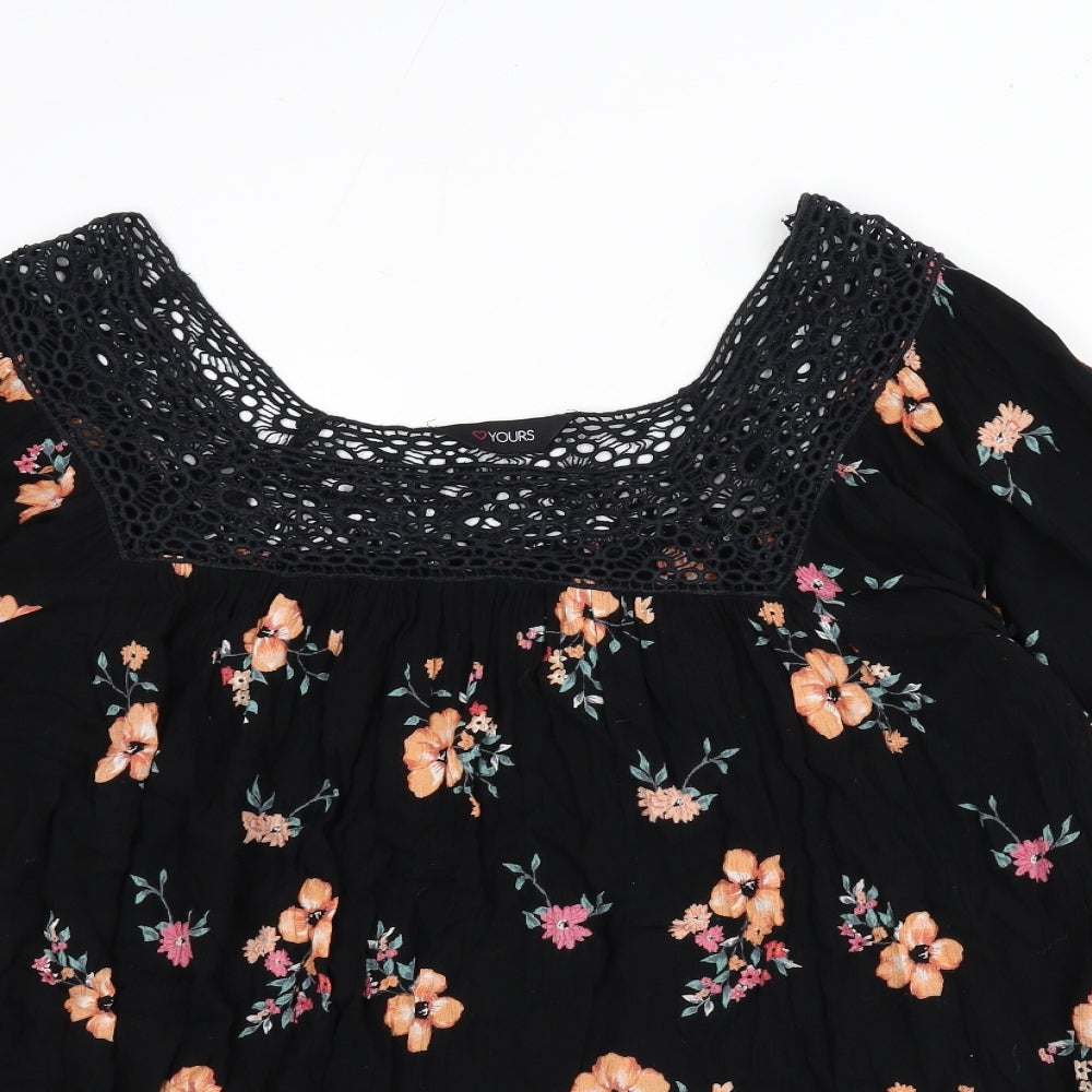 Yours Womens Black Floral Viscose Basic Blouse Size 22 Square Neck - Lace Trim