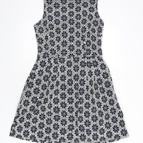 Monsoon Womens Blue Floral Cotton A-Line Size 12 Round Neck Zip