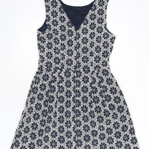 Monsoon Womens Blue Floral Cotton A-Line Size 12 Round Neck Zip