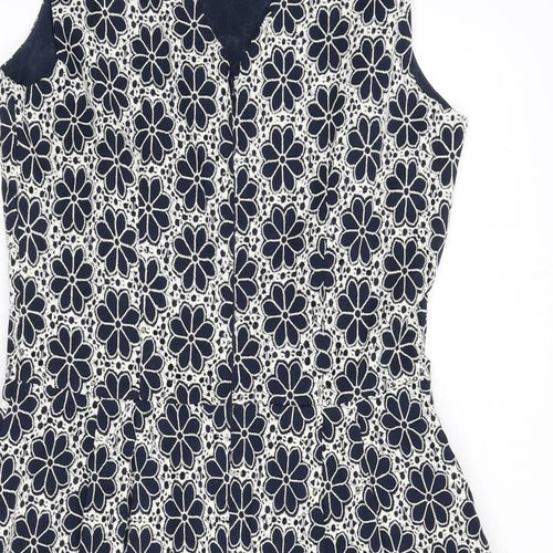 Monsoon Womens Blue Floral Cotton A-Line Size 12 Round Neck Zip
