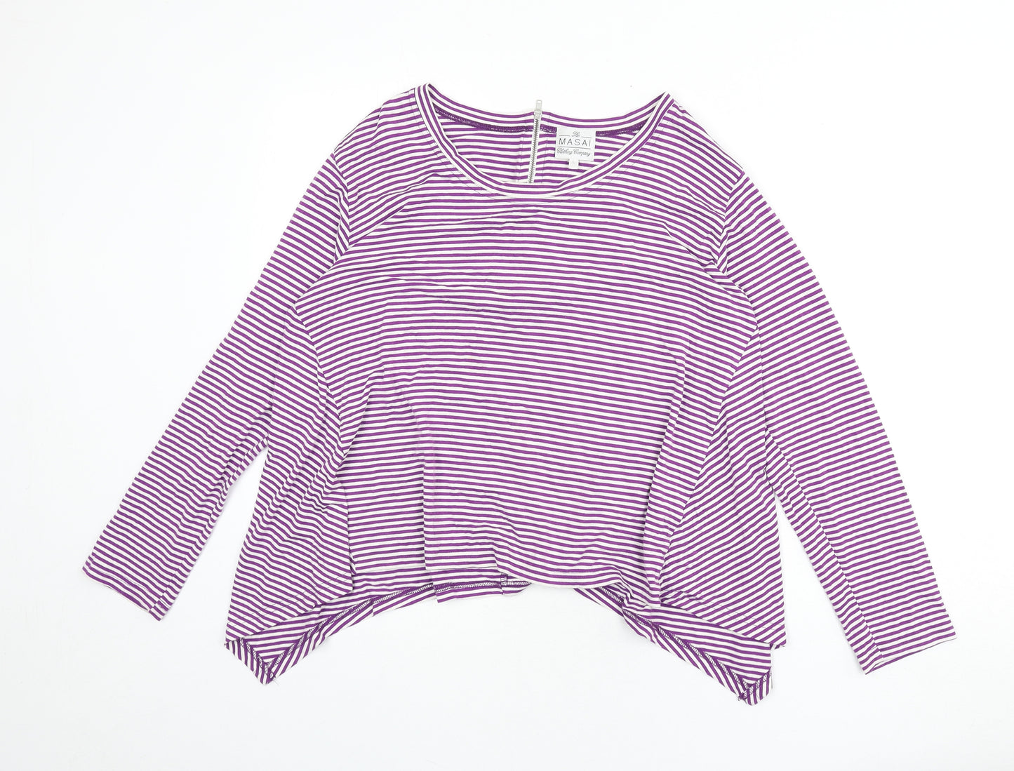 Masai Womens Purple Striped Polyester Basic T-Shirt Size L Round Neck