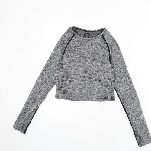 PINK Womens Grey Polyamide Cropped Casual Size S Round Neck Pullover - Thumb Holes