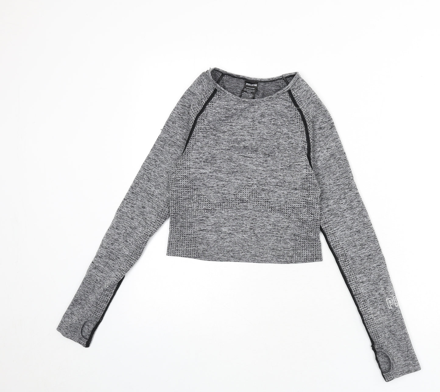 PINK Womens Grey Polyamide Cropped Casual Size S Round Neck Pullover - Thumb Holes