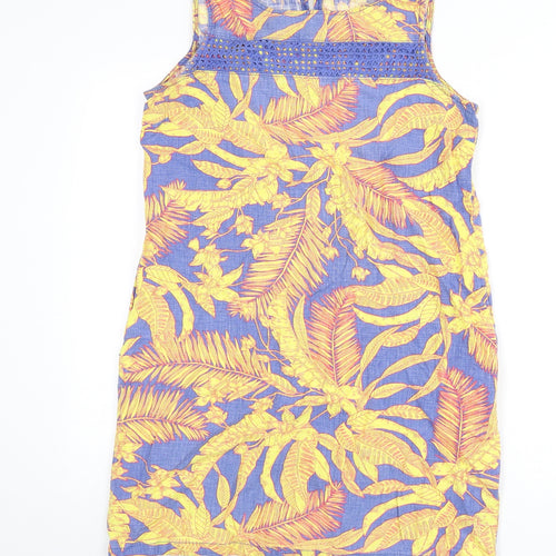 NEXT Womens Multicoloured Geometric Linen Sheath Size 10 Round Neck Button - Leaf Print