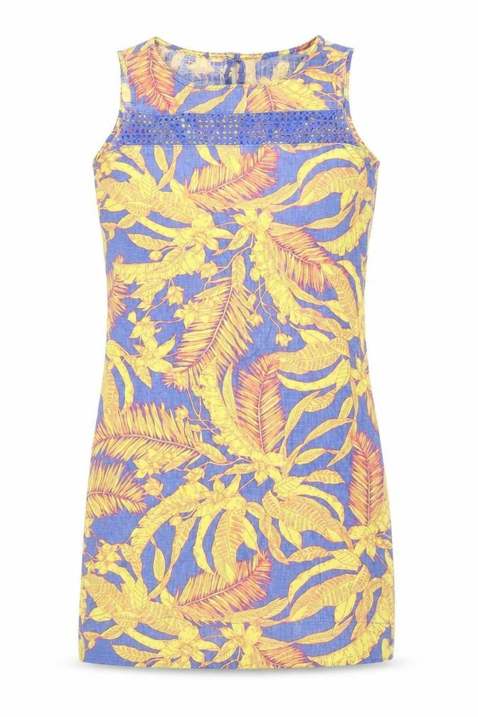 Front view of Next women’s multicoloured geometric linen sheath, size UK 10, round neck button - leaf print