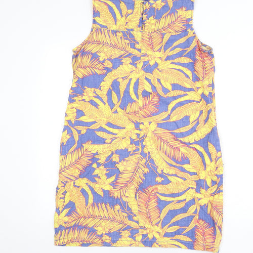 NEXT Womens Multicoloured Geometric Linen Sheath Size 10 Round Neck Button - Leaf Print