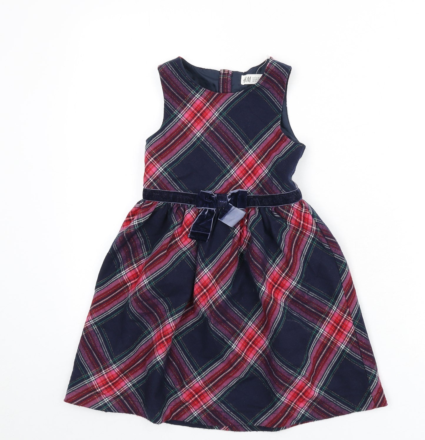 H&M Girls Multicoloured Plaid Polyester Fit & Flare Size 5-6 Years Round Neck Zip - Bow