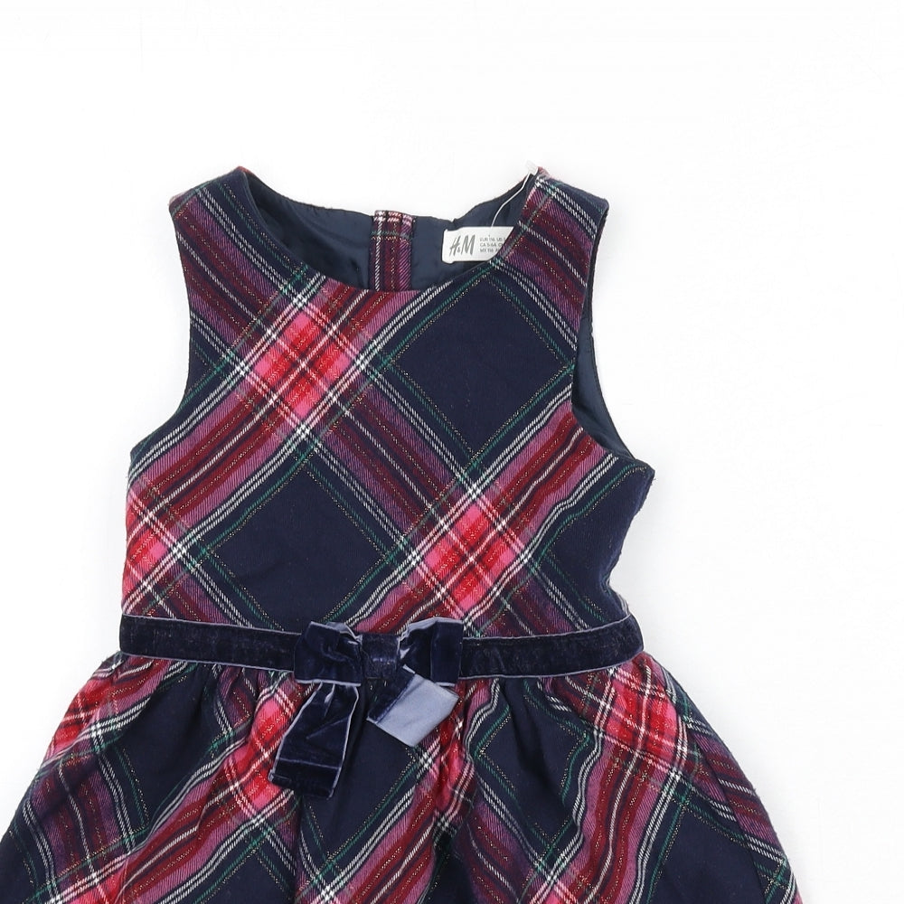 H&M Girls Multicoloured Plaid Polyester Fit & Flare Size 5-6 Years Round Neck Zip - Bow