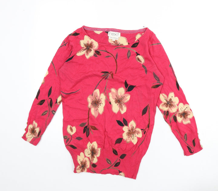 NEXT Womens Pink Boat Neck Floral Cotton Pullover Jumper Size 8 - Button Detail