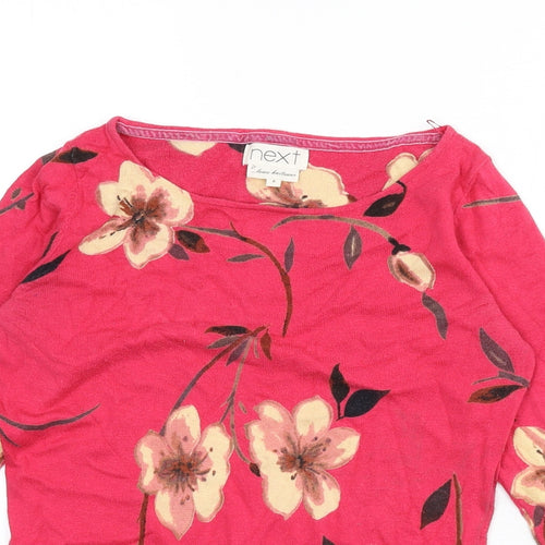 NEXT Womens Pink Boat Neck Floral Cotton Pullover Jumper Size 8 - Button Detail