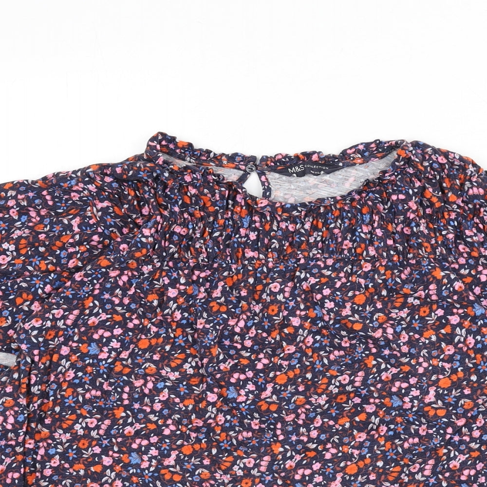 Marks and Spencer Womens Black Floral 100% Cotton Basic Blouse Size 18 Round Neck