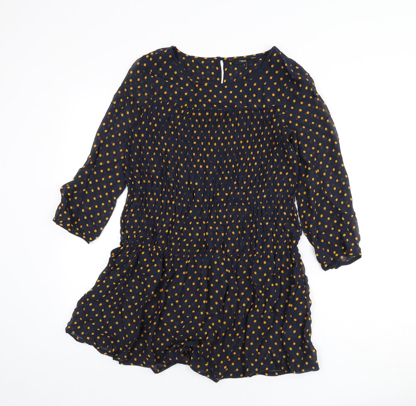 NEXT Womens Blue Polka Dot Viscose Tunic Blouse Size 6 Round Neck - Shirred, Sheer