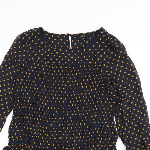 NEXT Womens Blue Polka Dot Viscose Tunic Blouse Size 6 Round Neck - Shirred, Sheer
