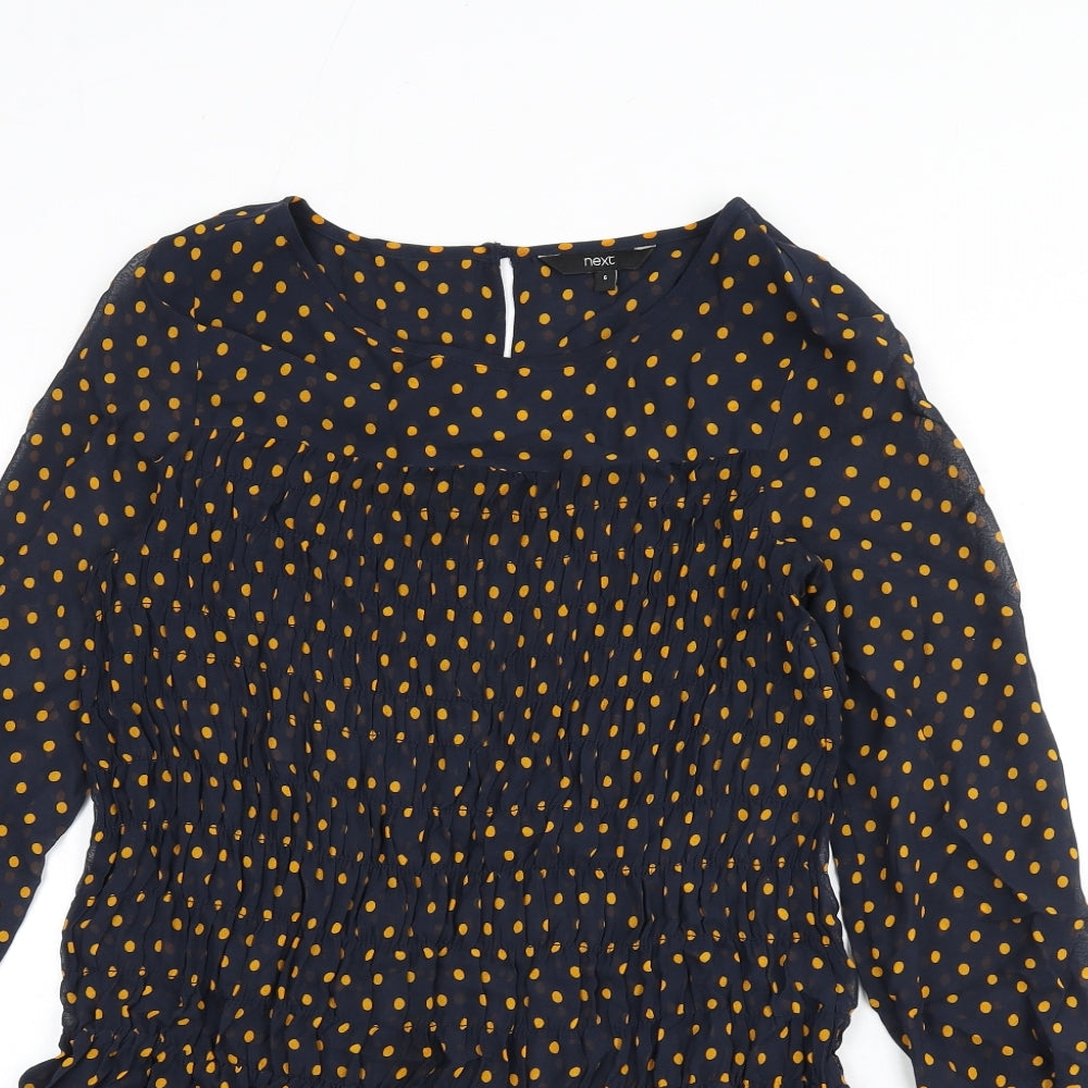 NEXT Womens Blue Polka Dot Viscose Tunic Blouse Size 6 Round Neck - Shirred, Sheer