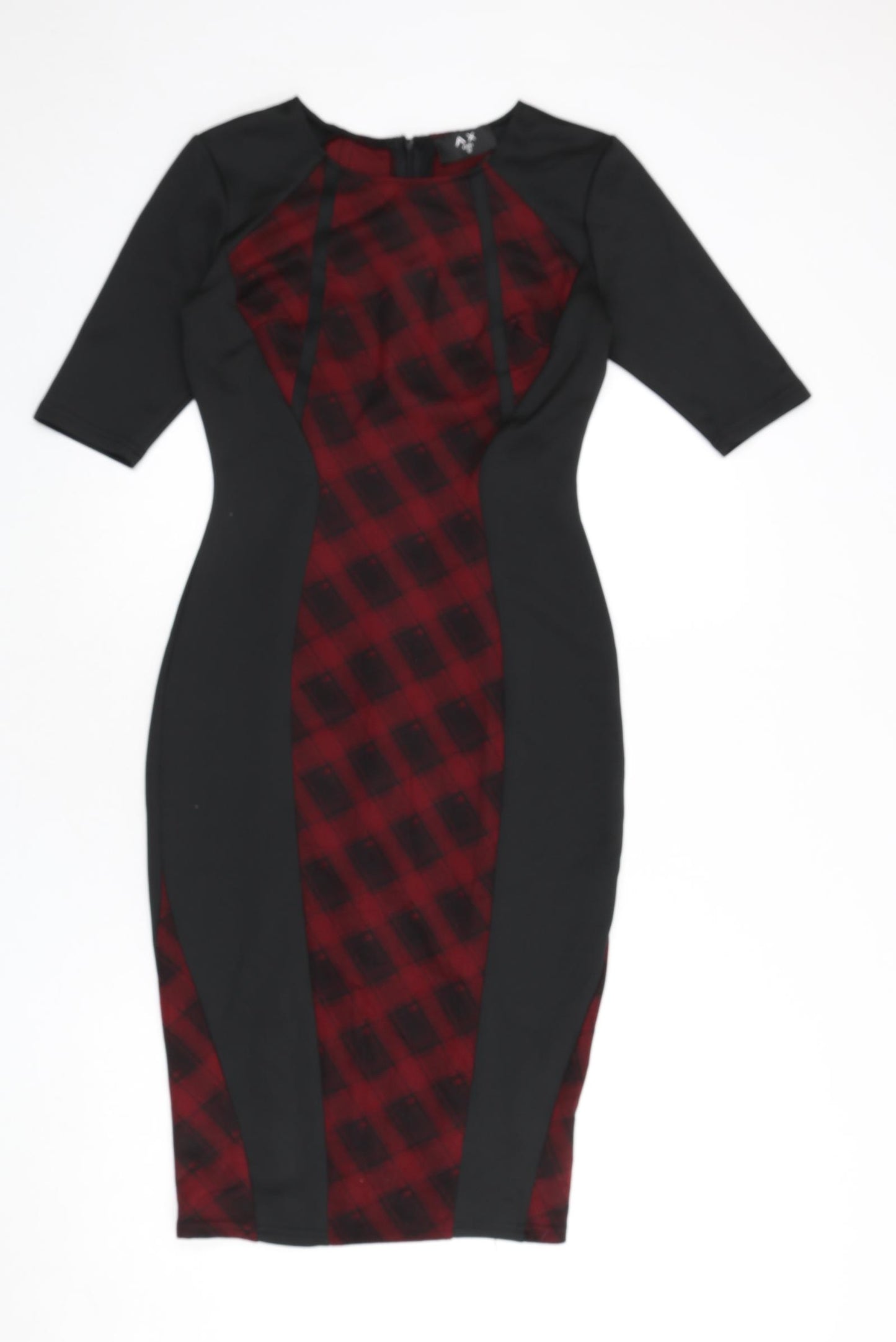 AX Paris Womens Black Plaid Polyester Bodycon Size 12 Round Neck Zip