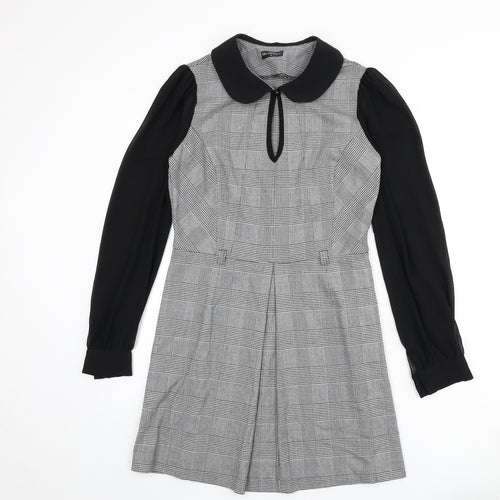 Miss Selfridge Womens Black Houndstooth Polyester A-Line Size 12 Collared Zip - Keyhole Cut Out