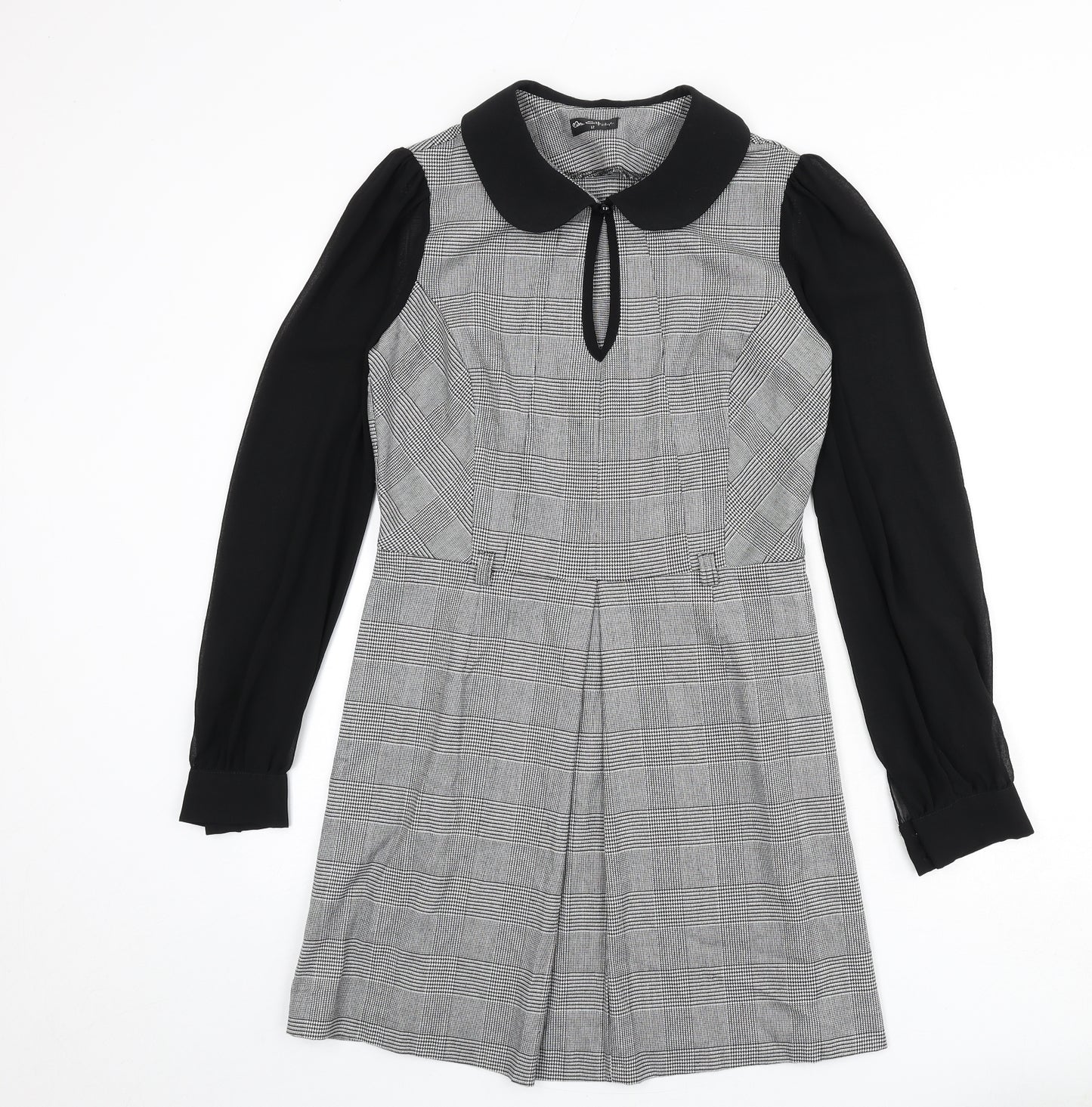 Miss Selfridge Womens Black Houndstooth Polyester A-Line Size 12 Collared Zip - Keyhole Cut Out
