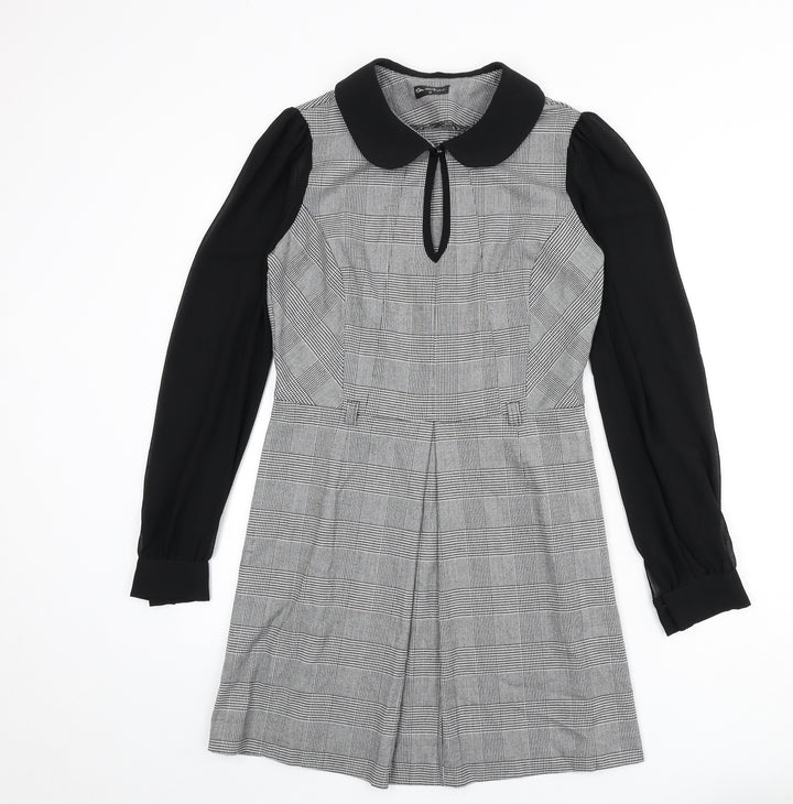 Miss Selfridge Womens Black Houndstooth Polyester A-Line Size 12 Collared Zip - Keyhole Cut Out