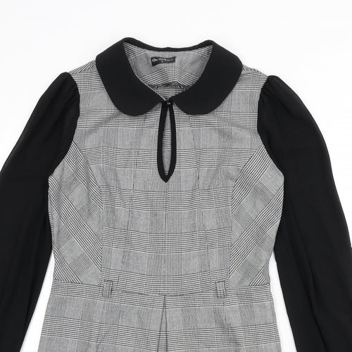 Miss Selfridge Womens Black Houndstooth Polyester A-Line Size 12 Collared Zip - Keyhole Cut Out