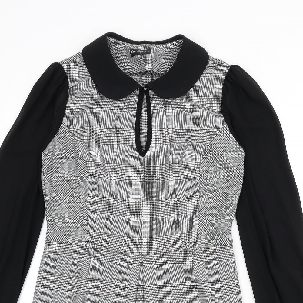Miss Selfridge Womens Black Houndstooth Polyester A-Line Size 12 Collared Zip - Keyhole Cut Out