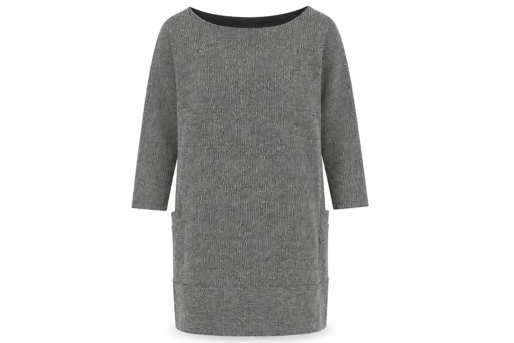 Front view of Great Plains women’s black geometric polyester jumper dress, size S, boat neck pullover
