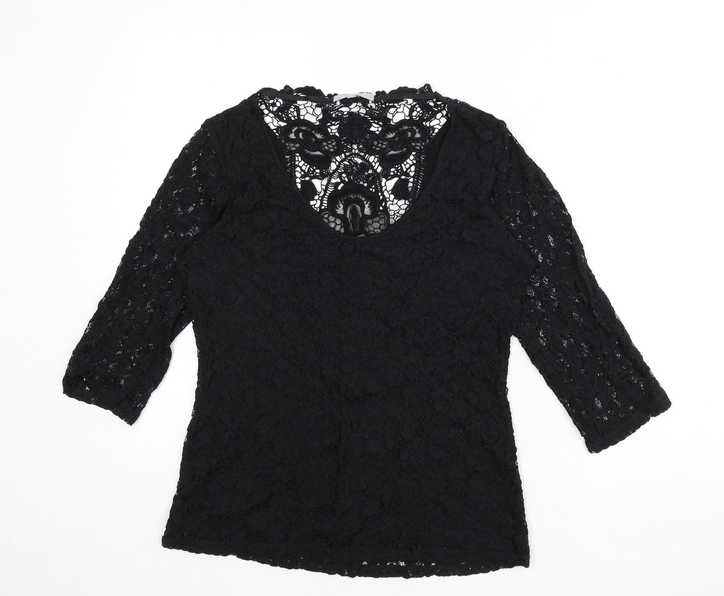 Per Una Womens Black Floral Polyamide Basic T-Shirt Size 12 Scoop Neck - Embroidered Detail