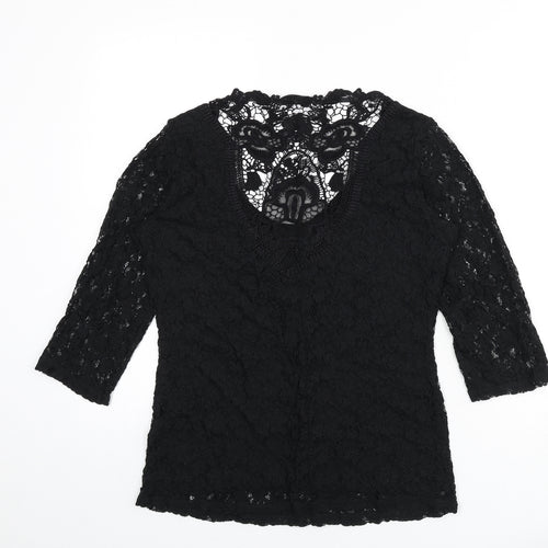 Per Una Womens Black Floral Polyamide Basic T-Shirt Size 12 Scoop Neck - Embroidered Detail