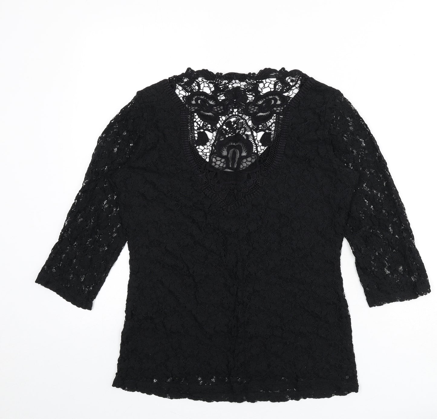 Per Una Womens Black Floral Polyamide Basic T-Shirt Size 12 Scoop Neck - Embroidered Detail