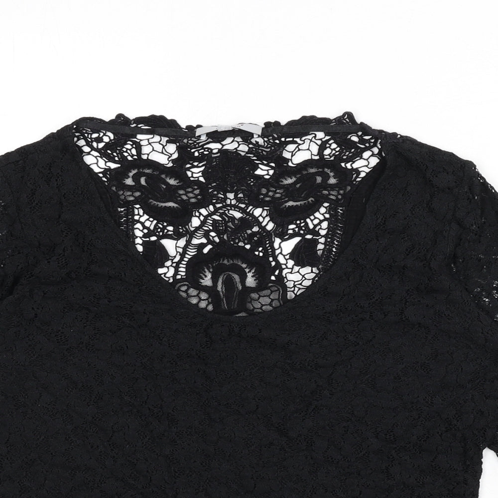 Per Una Womens Black Floral Polyamide Basic T-Shirt Size 12 Scoop Neck - Embroidered Detail