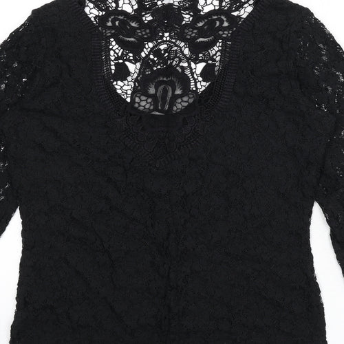 Per Una Womens Black Floral Polyamide Basic T-Shirt Size 12 Scoop Neck - Embroidered Detail