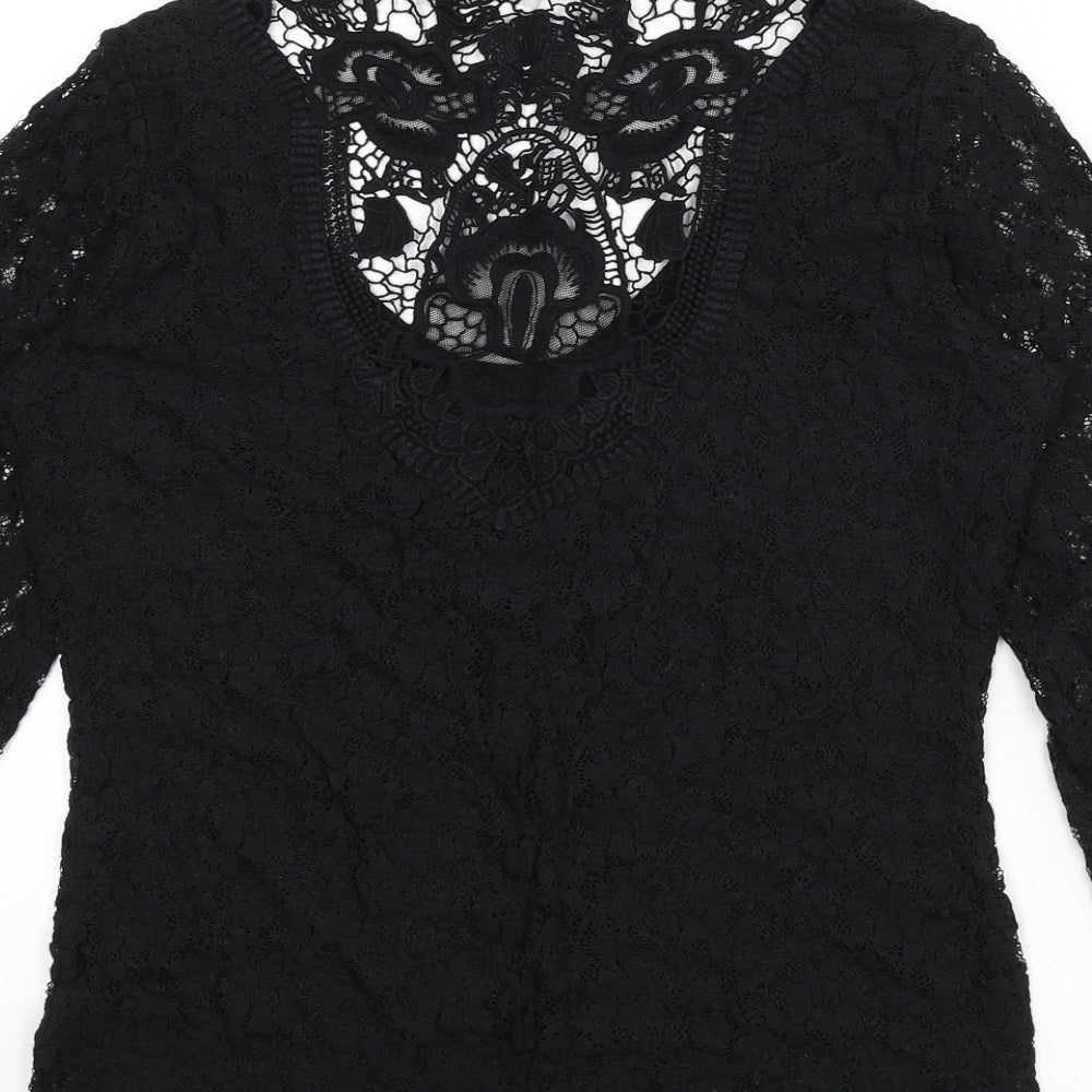 Per Una Womens Black Floral Polyamide Basic T-Shirt Size 12 Scoop Neck - Embroidered Detail