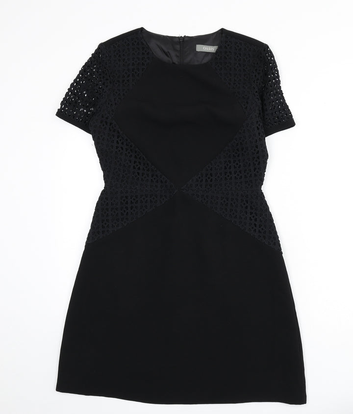 Oasis Womens Black Polyester A-Line Size 10 Round Neck Zip - Lace Detail