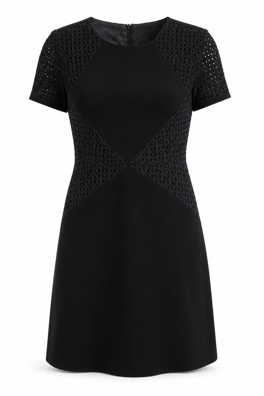 Front view of Oasis women’s black polyester a-line, size UK 10, round neck zip - lace detail