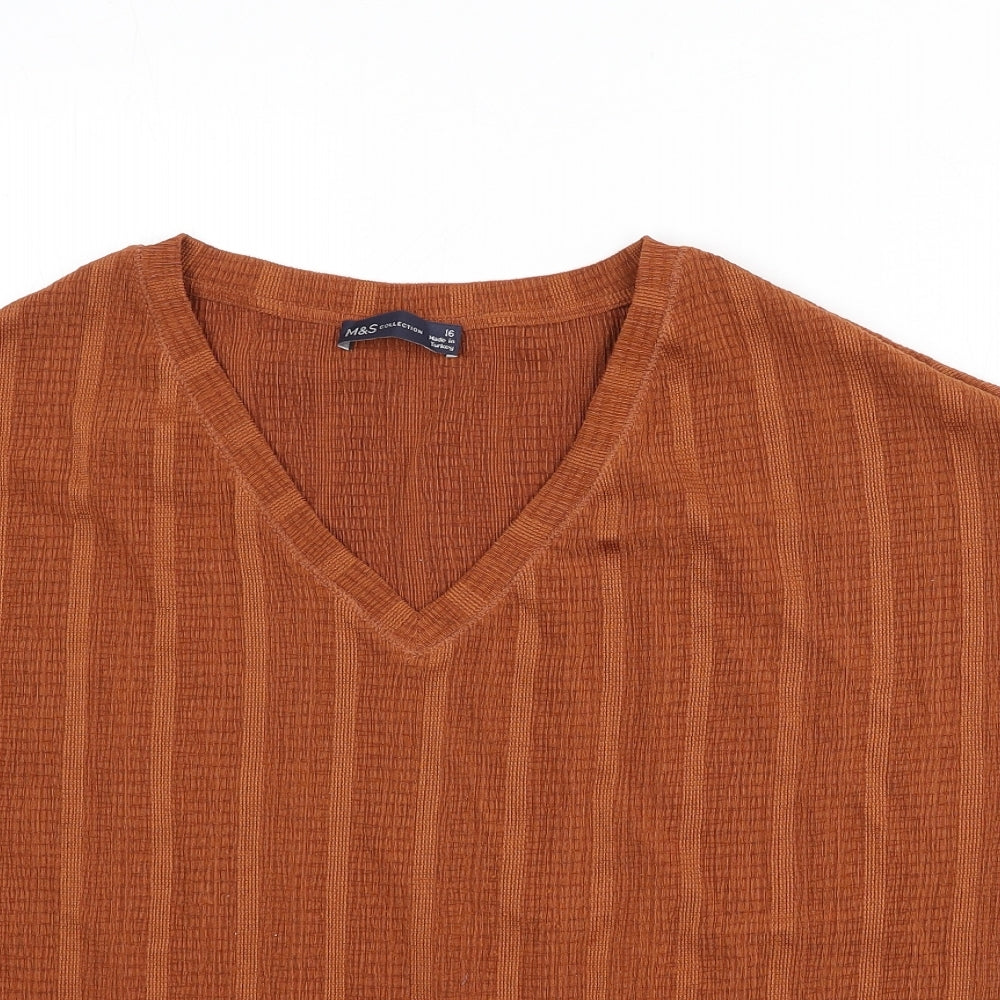 Marks and Spencer Womens Orange Striped Polyester Basic T-Shirt Size 16 V-Neck