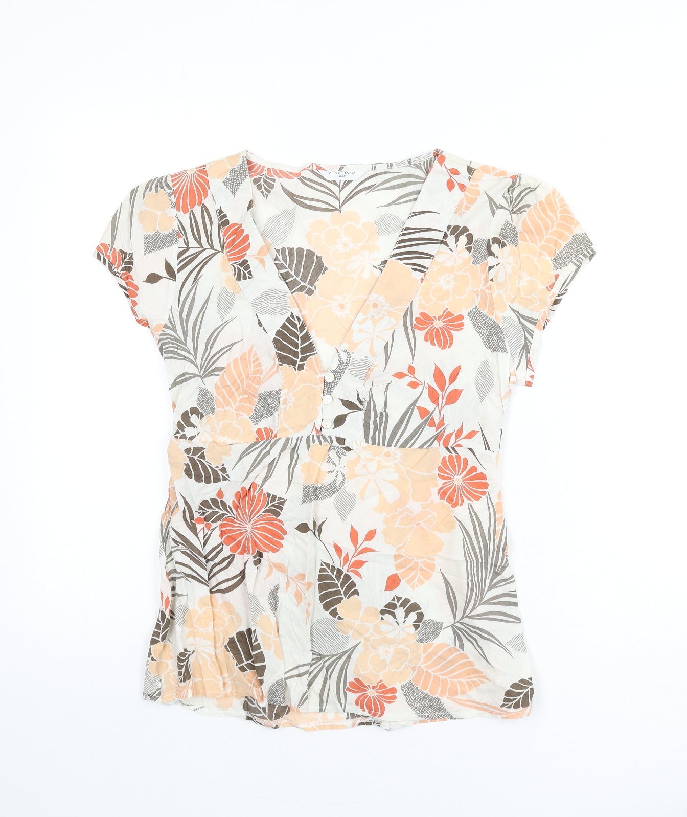 New Look Womens Multicoloured Floral 100% Cotton Basic Blouse Size 14 V-Neck - Tie Detail