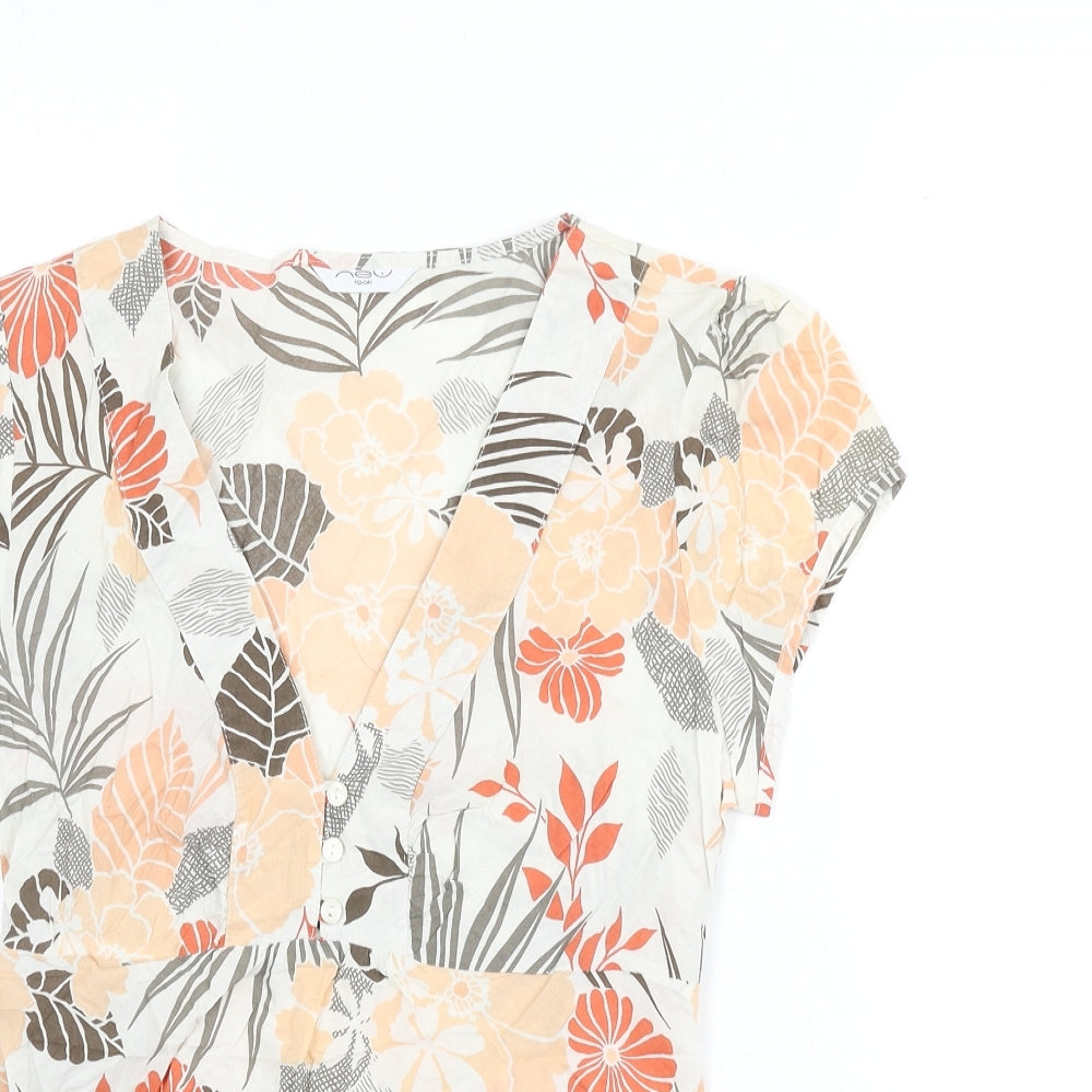 New Look Womens Multicoloured Floral 100% Cotton Basic Blouse Size 14 V-Neck - Tie Detail