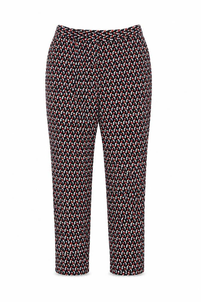 Front view of Dorothy Perkins women’s multicoloured geometric polyester trousers, size UK 10, 25-inch leg regular zip