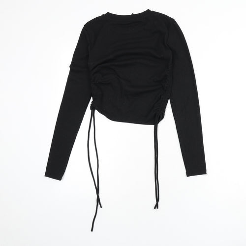 Zara Womens Black Polyester Cropped T-Shirt Size S Round Neck - Ruched Sides, Tie Detail, Ribbed