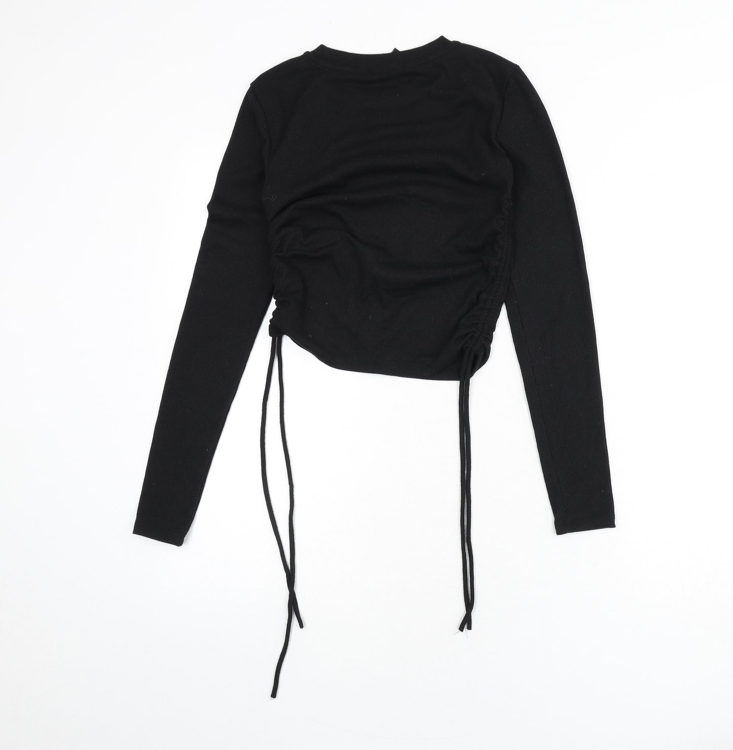 Zara Womens Black Polyester Cropped T-Shirt Size S Round Neck - Ruched Sides, Tie Detail, Ribbed