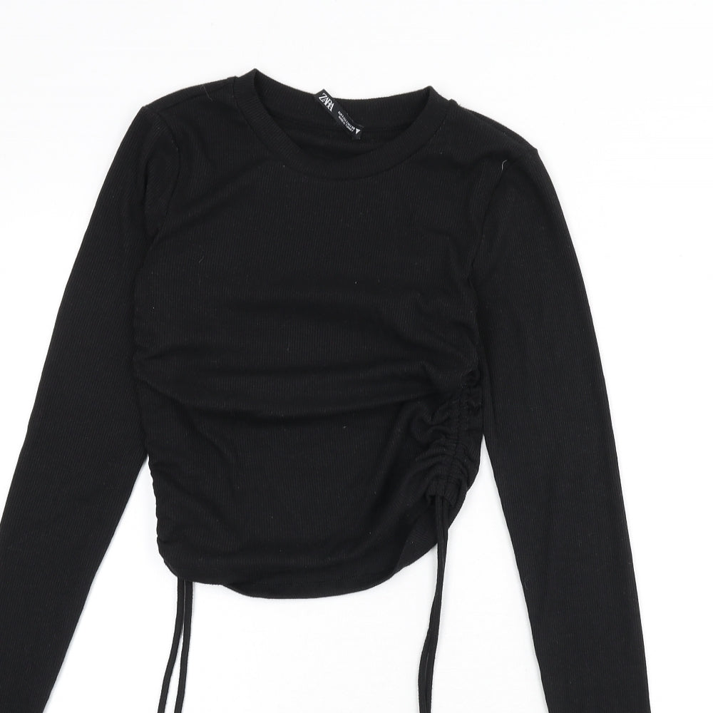 Zara Womens Black Polyester Cropped T-Shirt Size S Round Neck - Ruched Sides, Tie Detail, Ribbed