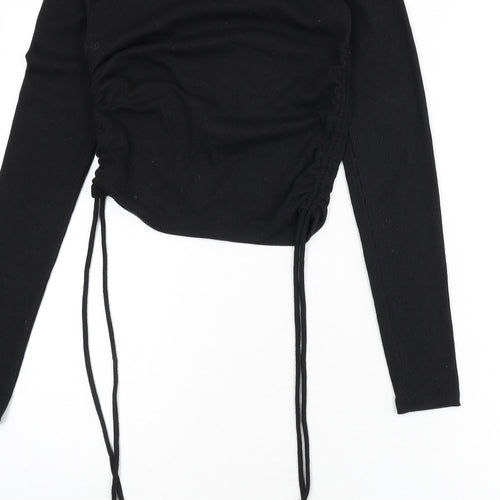 Zara Womens Black Polyester Cropped T-Shirt Size S Round Neck - Ruched Sides, Tie Detail, Ribbed