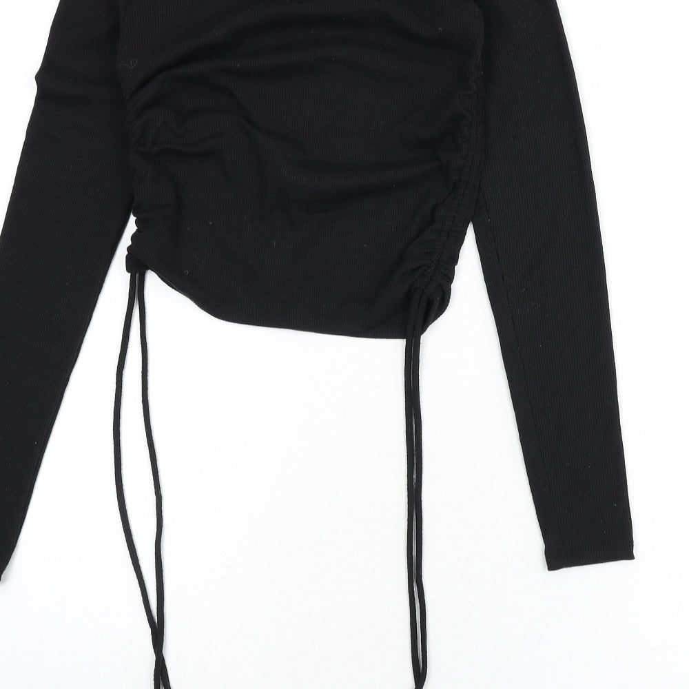 Zara Womens Black Polyester Cropped T-Shirt Size S Round Neck - Ruched Sides, Tie Detail, Ribbed