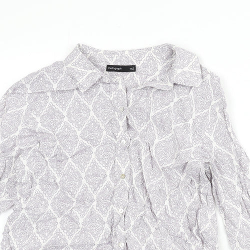 Autograph Womens White Geometric Viscose Basic Button-Up Size 10 Collared