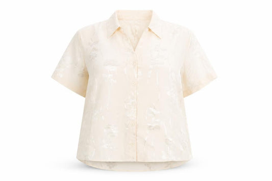 Front view of bonma women’s beige fair isle polyester basic button-up, size UK 22, collared