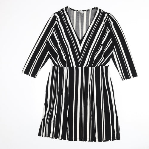 H&M Womens Black Striped Polyester A-Line Size S V-Neck Pullover