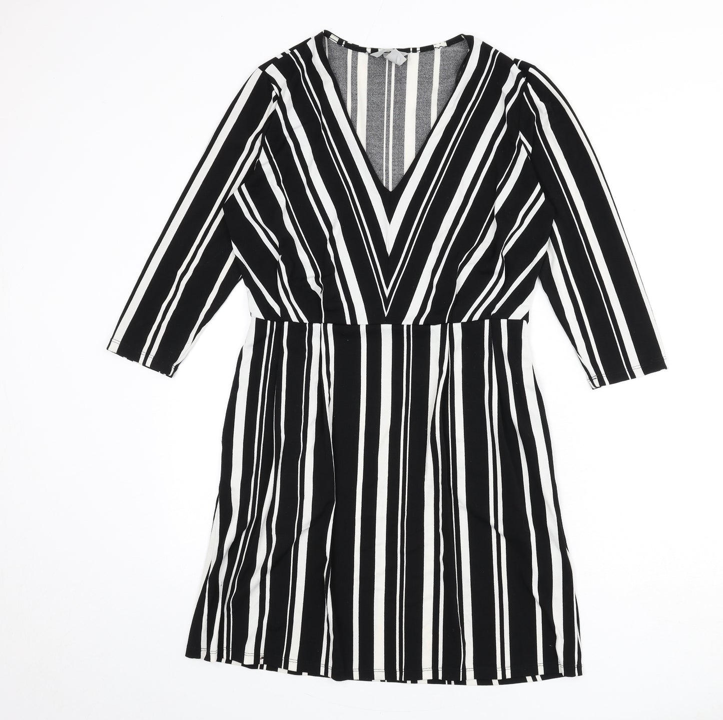 H&M Womens Black Striped Polyester A-Line Size S V-Neck Pullover