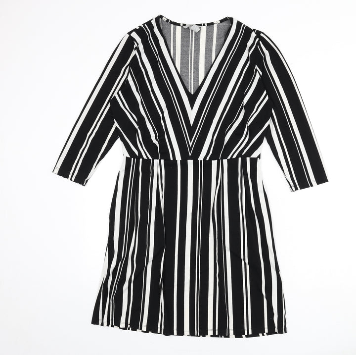 H&M Womens Black Striped Polyester A-Line Size S V-Neck Pullover