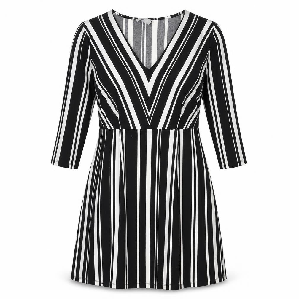 Front view of H&M women’s black striped polyester a-line, size S, v-neck pullover